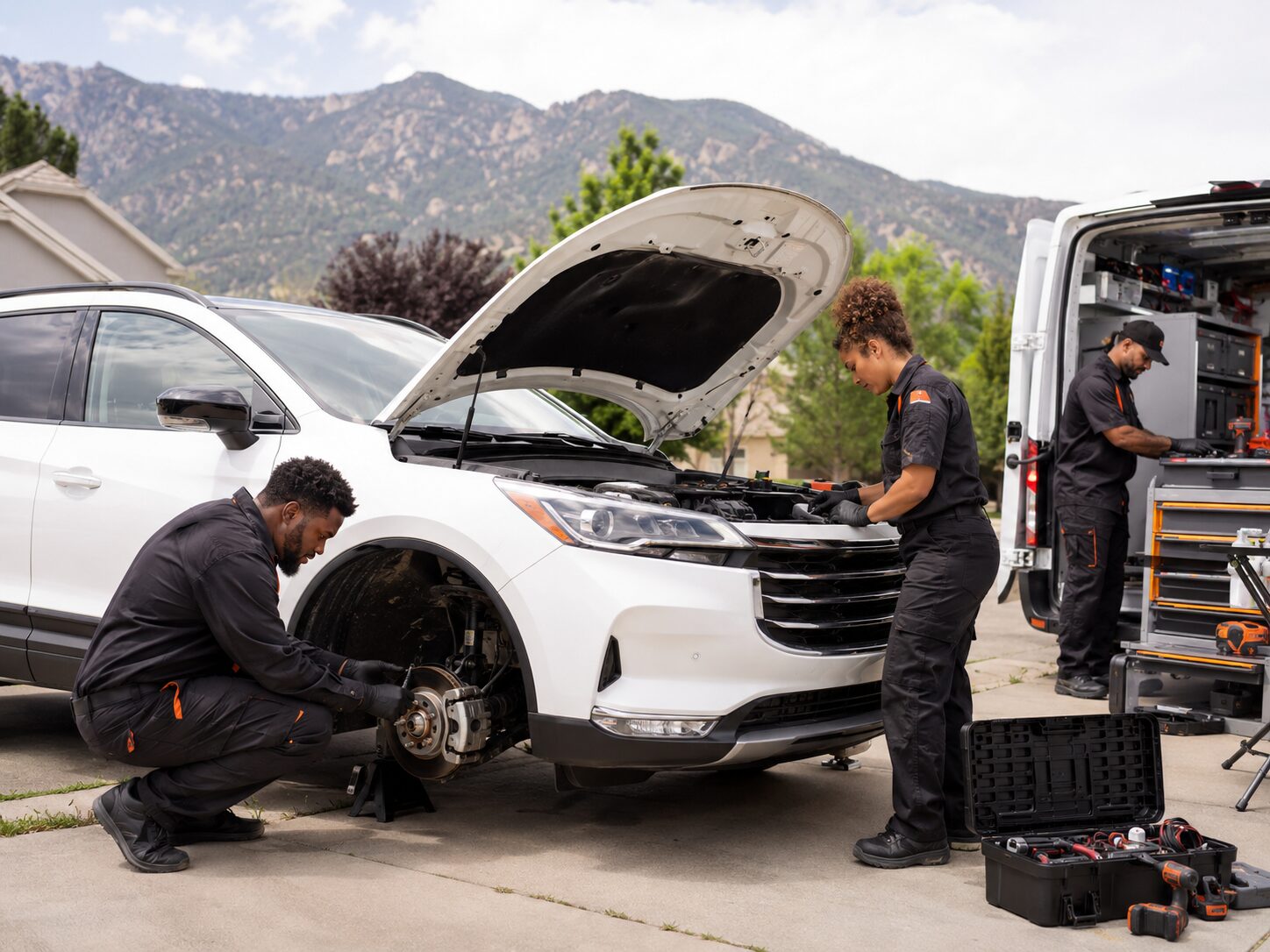 Creek Auto Care mobile service team inspecting a fleet vehicle